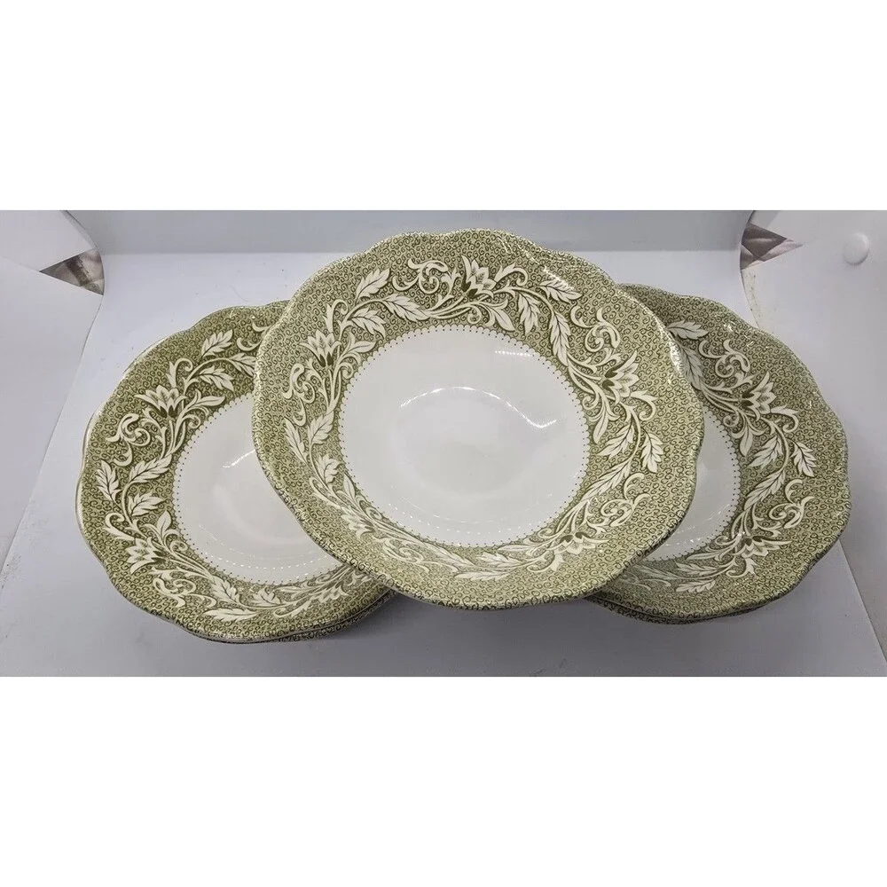 5 Vintage J&G Meakin England Sterling Renaissance Green Soup Cereal Bowls 6.5